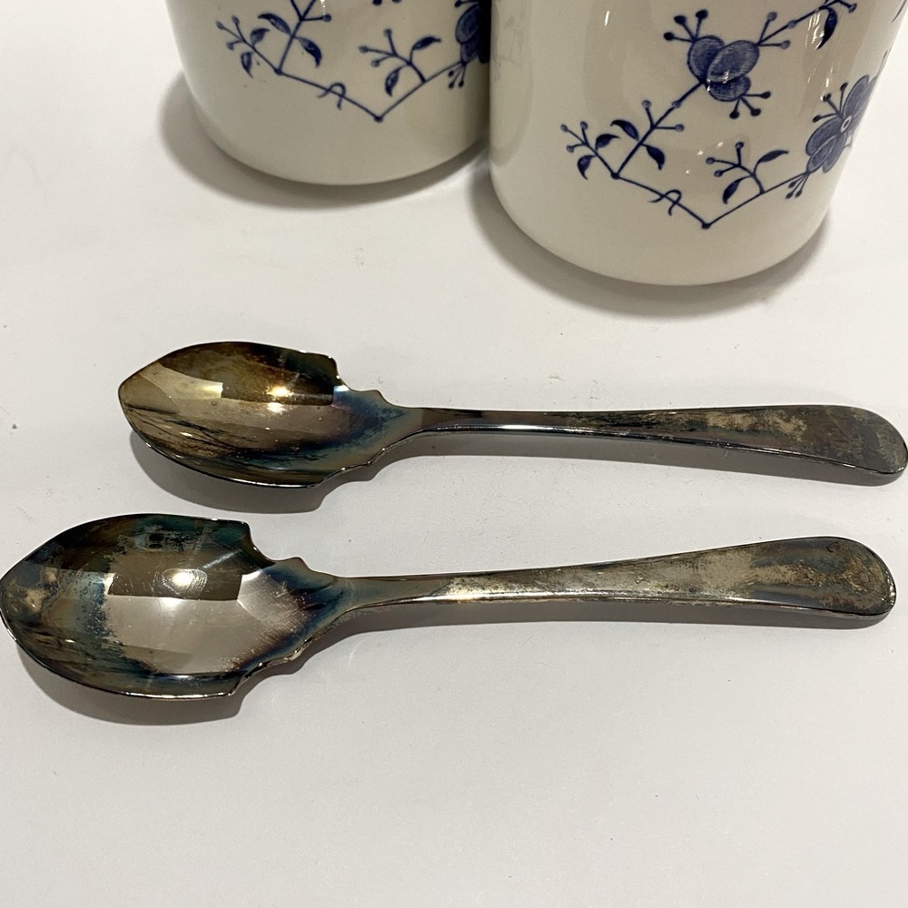VTG Leonard Silver Sheffield England Condiment Set Blue & White w/Spoons & Stand - Picture 6 of 11